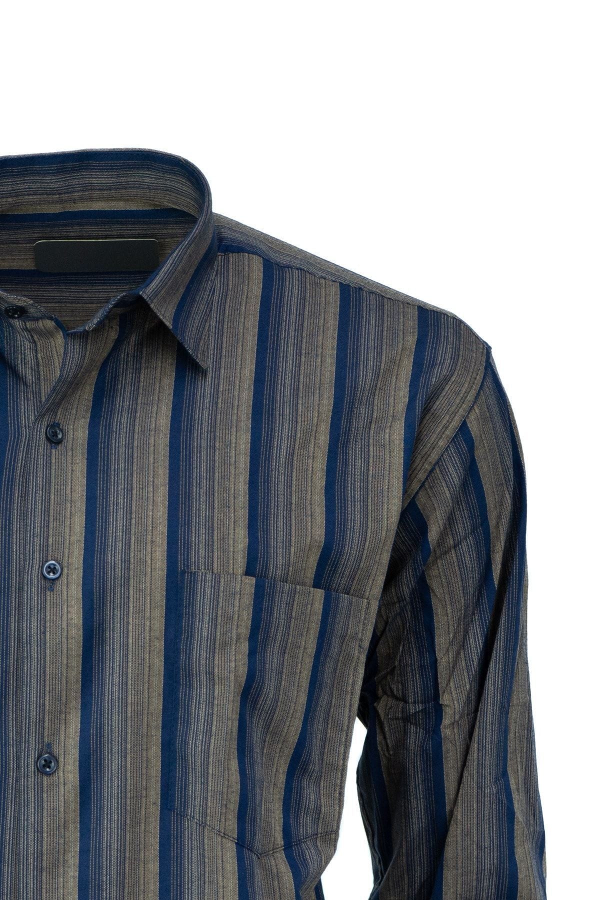 Erkek Çizgi Desenli Uzun Kollu Tam Kalıp Rahat Kesim Cepli Pamuklu Klasik Gömlek